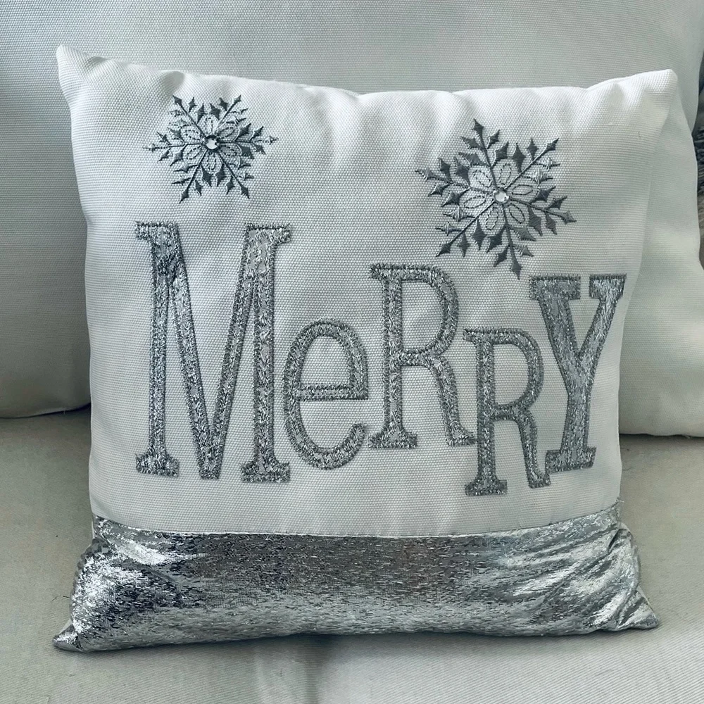 “Merry” silver metallic embroidered on white snowflake holiday Christmas pillow